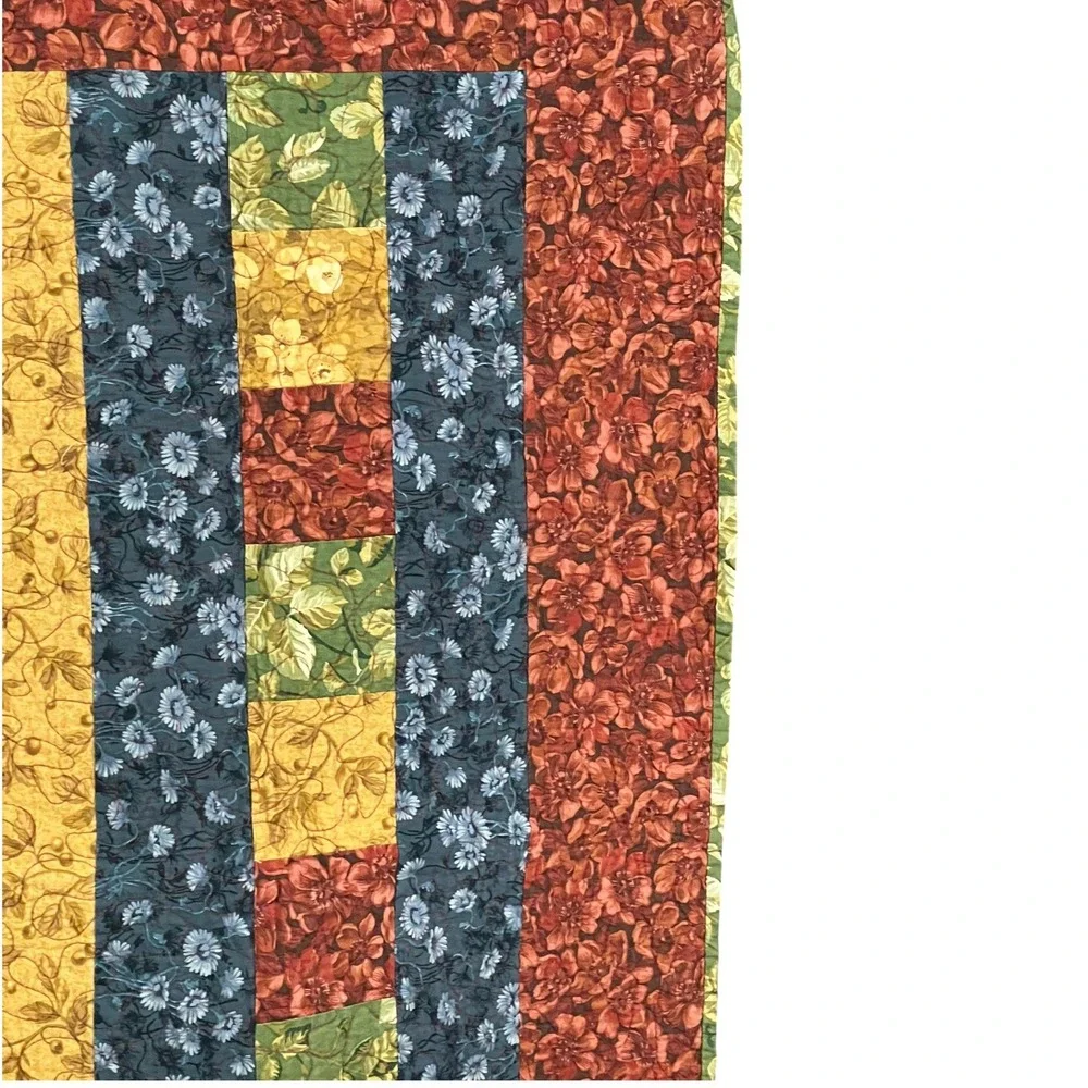 Handmade Patchwork Rustic Floral Quilt  Rust Gold Green Navy 50x50 Throw Blanket